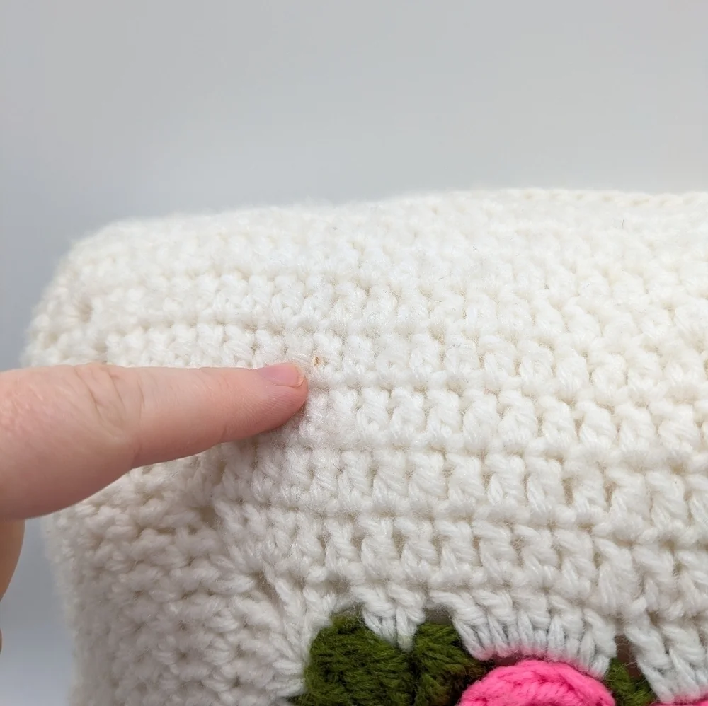 Vintage White Pink Crochet Granny Square Floral Pillow